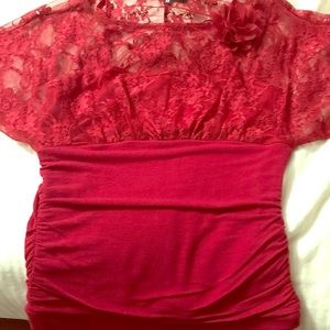 Red Knit Blouse with Flower on Front